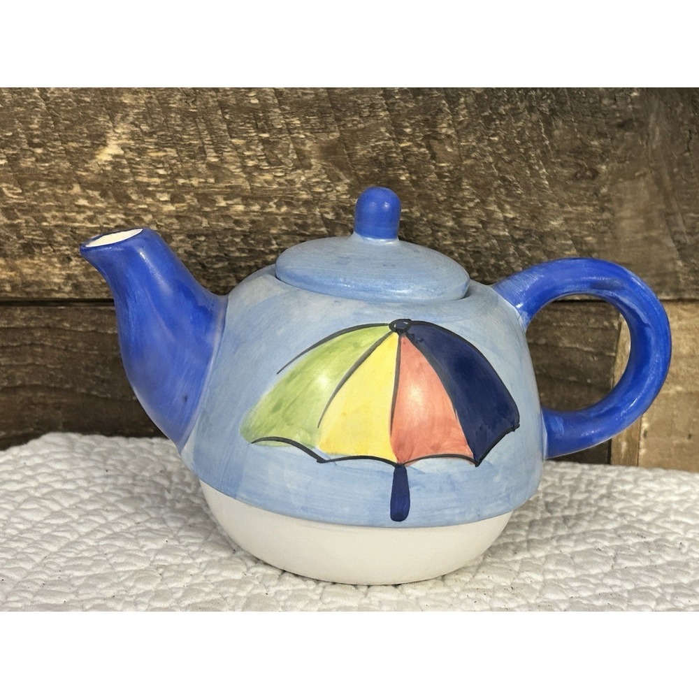 Vintage Nantucket Ceramic Hand Painted Beach Umbrella Teapot wLid‎